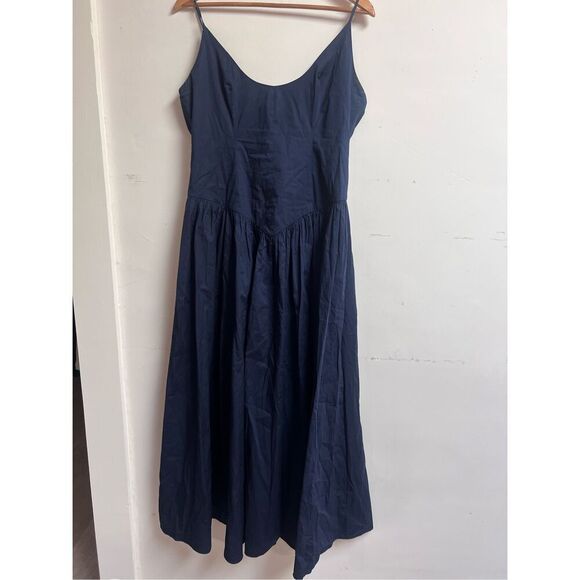 Staud Women's Navy Spaghetti Strap Drop Waist Poplin Dena Maxi Dress Sz 12 NWOT - Picture 11 of 15